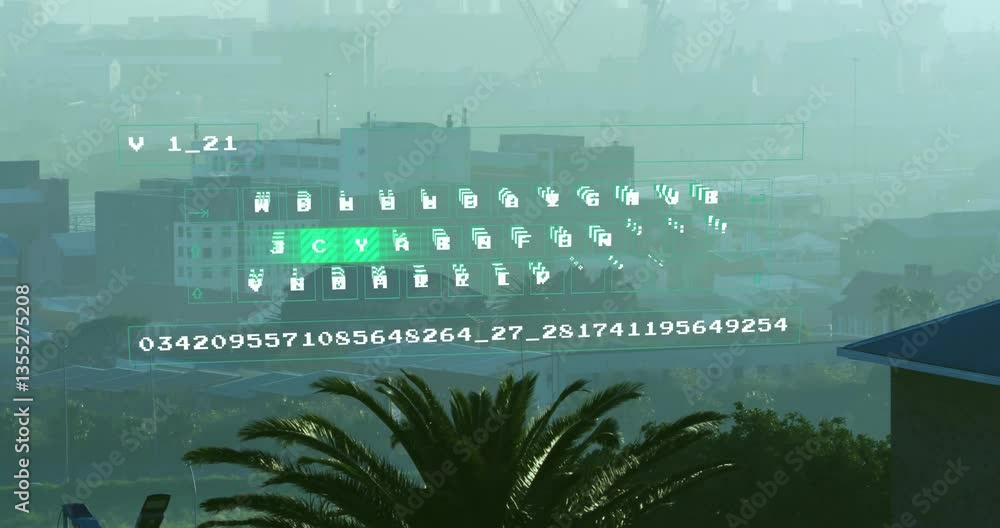 Poster animation of digital code and symbols overlaying urban landscape with palm trees