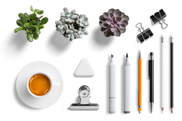 Collection of various pen, pencils, mechanical pencil, eraser, paper clips, plants and coffee cup isolated on a transparent background, PNG. High resolution. 