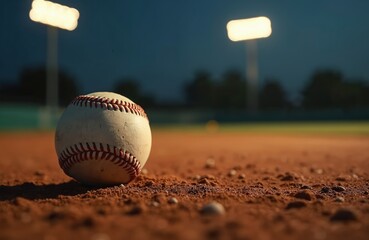 Baseball sits on infield dirt. Night baseball game. Close up of ball. Baseball field detail, sport recreation. Focused on competition, practice, sports equipment. Game, competition, teamwork,