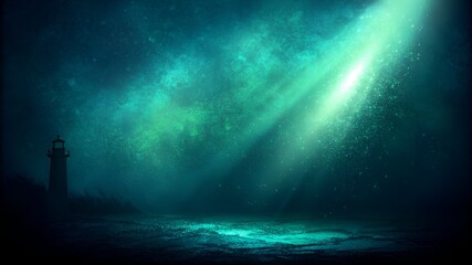 Lighthouse Silhouette Underneath a Mysterious Teal and Green Underwater Galaxy Scene