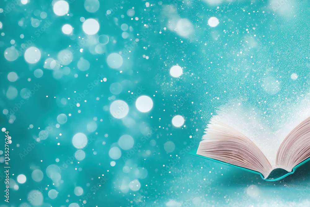 Aufkleber sparkling open book surrounded by bright bokeh on turquoise background