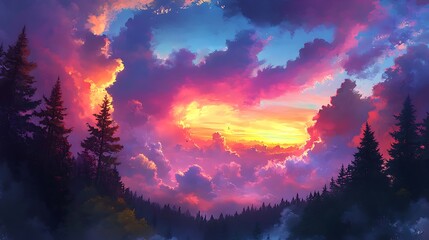Dramatic sunset or sunrise over a dense forest with tall pine trees silhouetted against a sky filled with vibrant pink, purple, and orange clouds, creating a breathtaking natural scene