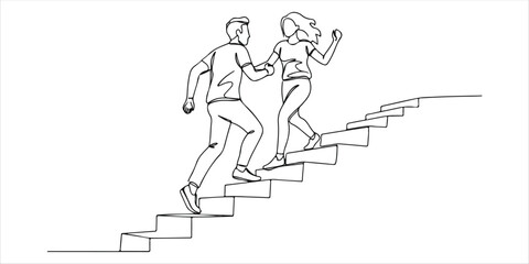 couples ran up stairs together a single, continuous line illustration portraying a young couple running up a flight of stairs together. This design highlights the vigorous effort of cardio exercise
