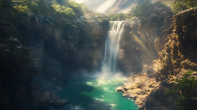 Majestic cascading waterfalls flowing into a turquoise pool, surrounded by lush greenery and towering mist-covered mountains under golden sunrise or sunset light, creating a breathtaking natural parad