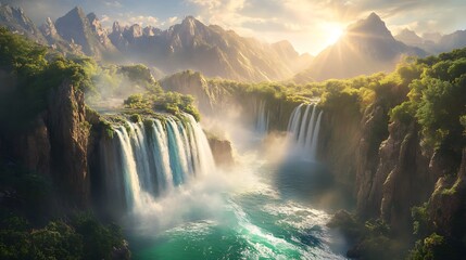 Fototapeta premium Majestic cascading waterfalls flowing into a turquoise pool, surrounded by lush greenery and towering mist-covered mountains under golden sunrise or sunset light, creating a breathtaking natural parad