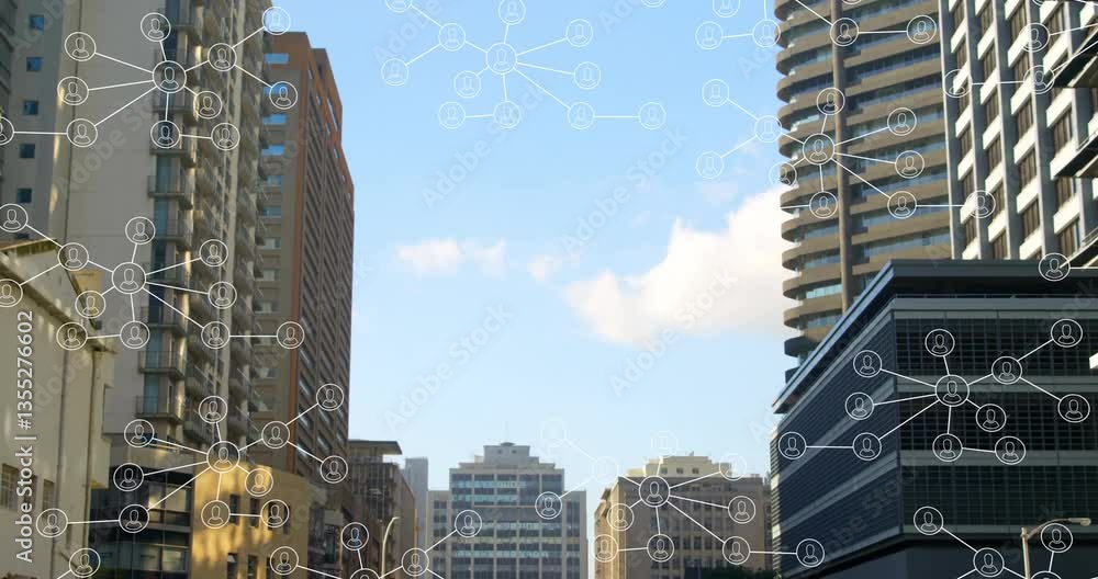 Poster network of connections and data processing animation over city skyscrapers