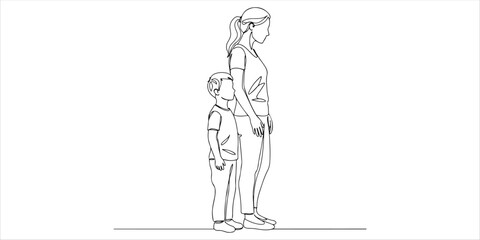 Fototapeta premium mother and son stood a single, continuous line illustration showcasing a mother and son standing side by side, both with their hands confidently placed on their waists. This dynamic pose symbolizes.