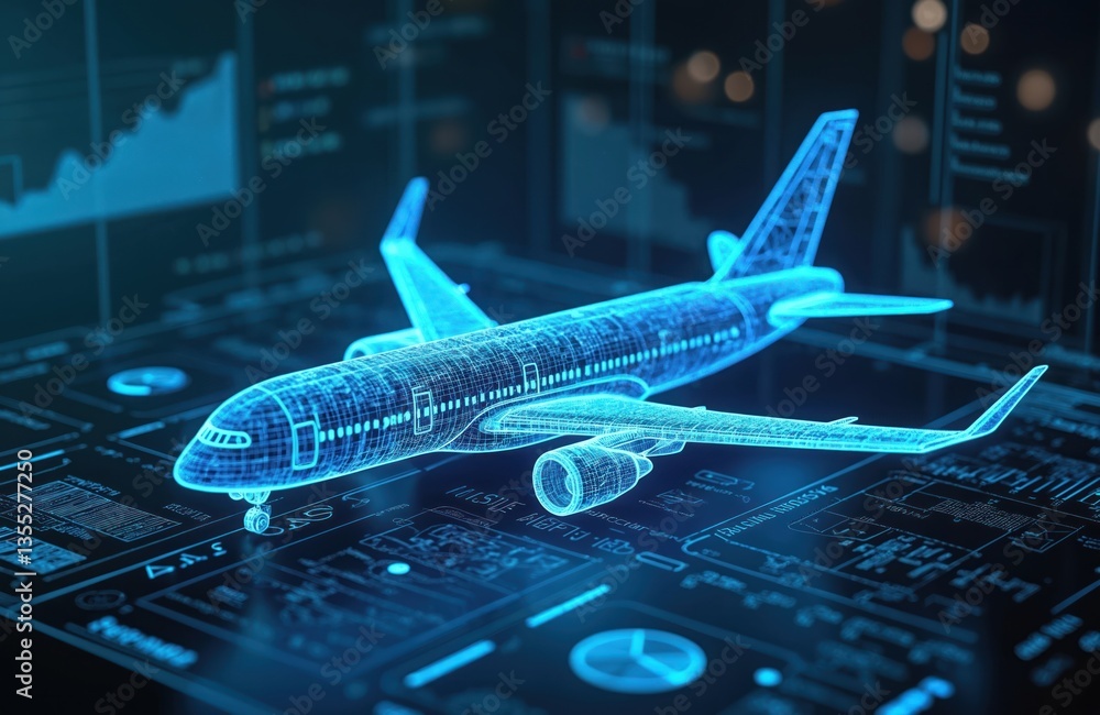 Poster futuristic hologram interface airplane manufacturing. neon wireframe plane presentation. digital blu