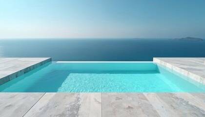 Plakat Infinity swimming pool with turquoise water merges with sea horizon. Modern architecture, clear sky on vacation. Luxury travel, relaxation at resort, spa holiday.