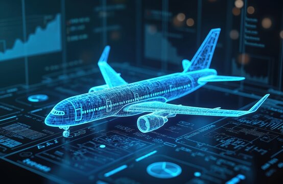 Futuristic hologram interface airplane manufacturing. Neon wireframe plane presentation. Digital blueprint for aircraft design. 3D aircraft model represents innovation in aviation tech. Virtual