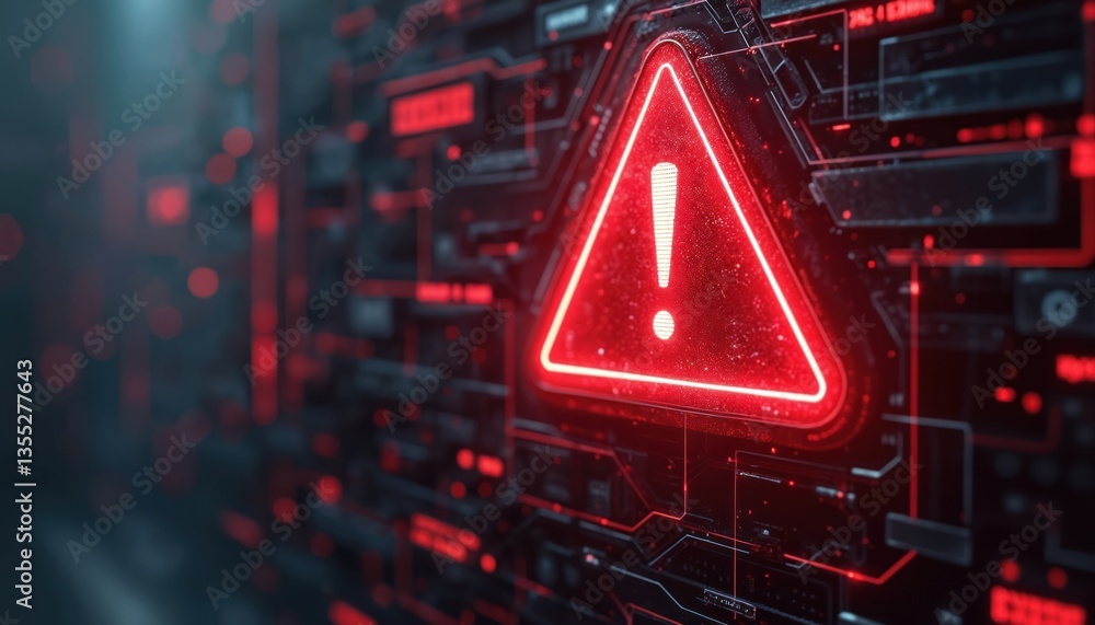 Aufkleber Red warning sign illuminates digital interface. Futuristic tech, neon glow alerts danger, security breach. Network system error, attention required, caution signal. Digital code problem.