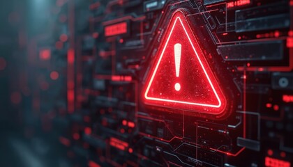 Red warning sign illuminates digital interface. Futuristic tech, neon glow alerts danger, security breach. Network system error, attention required, caution signal. Digital code problem.