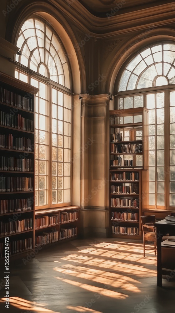 Poster sunlight streams through library windows illuminating books.
