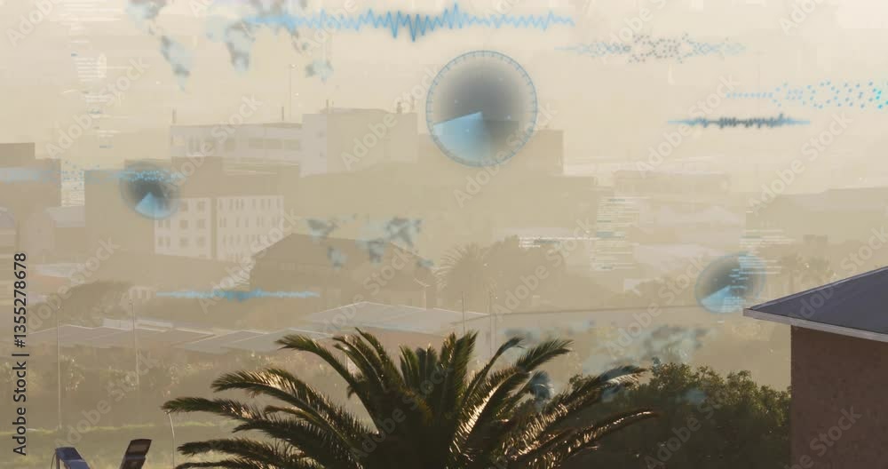 Poster animation of digital data and graphs overlaying urban landscape with palm trees