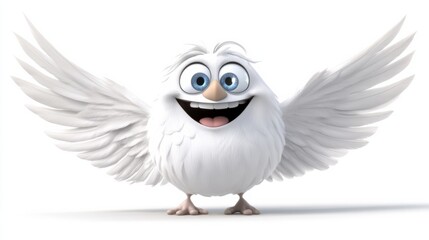Obraz premium A funny 3D angel with a big smile, oversized eyes, and exaggerated wings, set against a blank white background