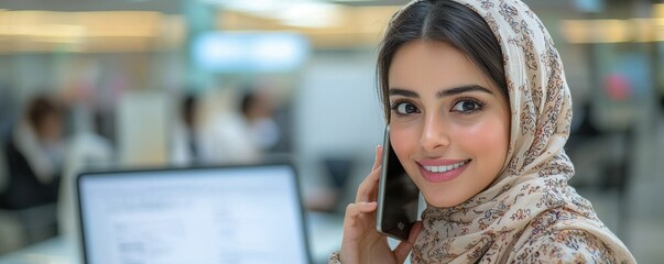 Smiling professional woman in hijab working and talking on phone in office