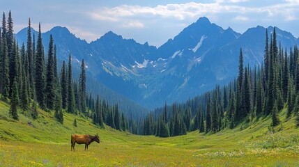 Rugged mountain terrain with a dramatic view of towering pine trees and cascading waterfalls. The alpine meadow below is alive with vibrant wildflowers, with sunlit snow-capped peaks above.