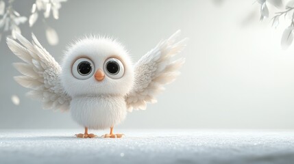 Fototapeta premium A funny 3D angel with large round eyes, oversized wings, and a tiny body, set on a clean white background 