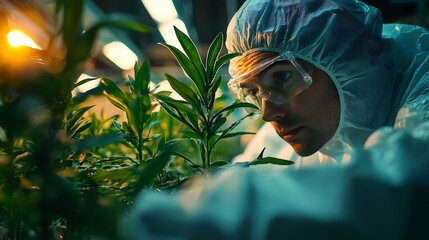 Scientist examining plants in a controlled environment. (3)