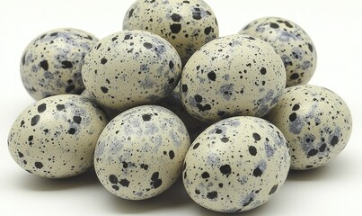 Fototapeta premium A pile of speckled, creamy-white eggs