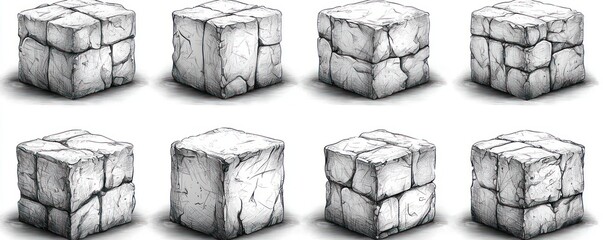 Eight grayscale sketches of stone cubes, each with unique crack patterns, shown from various angles, on white background
