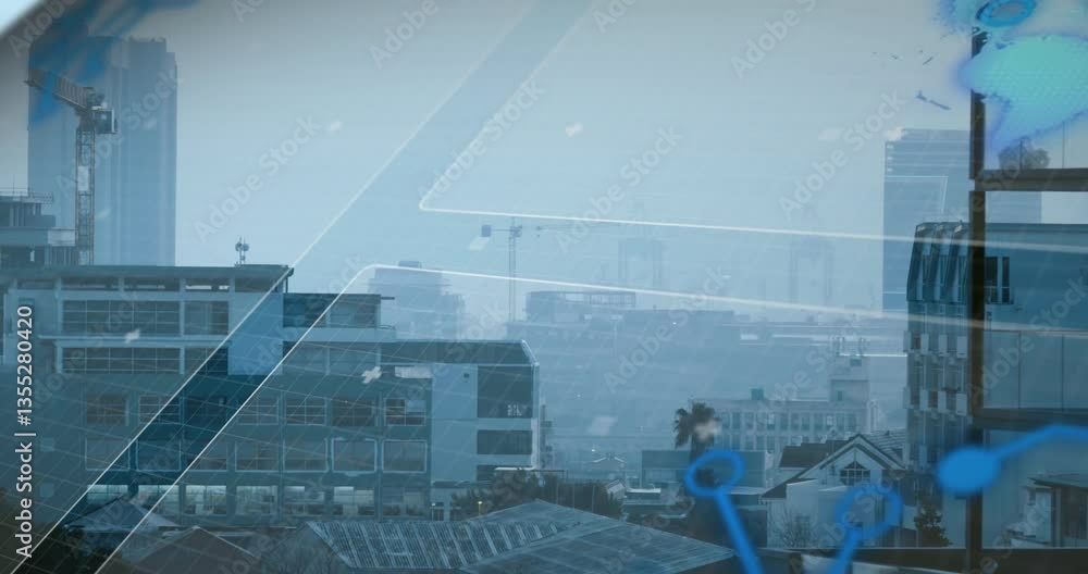Poster urban skyline with digital data processing animation overlaying buildings and cranes