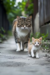 A mature feline and her young offspring walking down a thoroughfare together