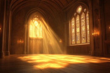 Obraz premium Golden light streams through a grand gothic hall
