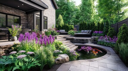 Modern backyard design with a koi pond, patio furniture, and landscaping. Lush gardens, stepping stones, and a water feature surround a round pond with fish.