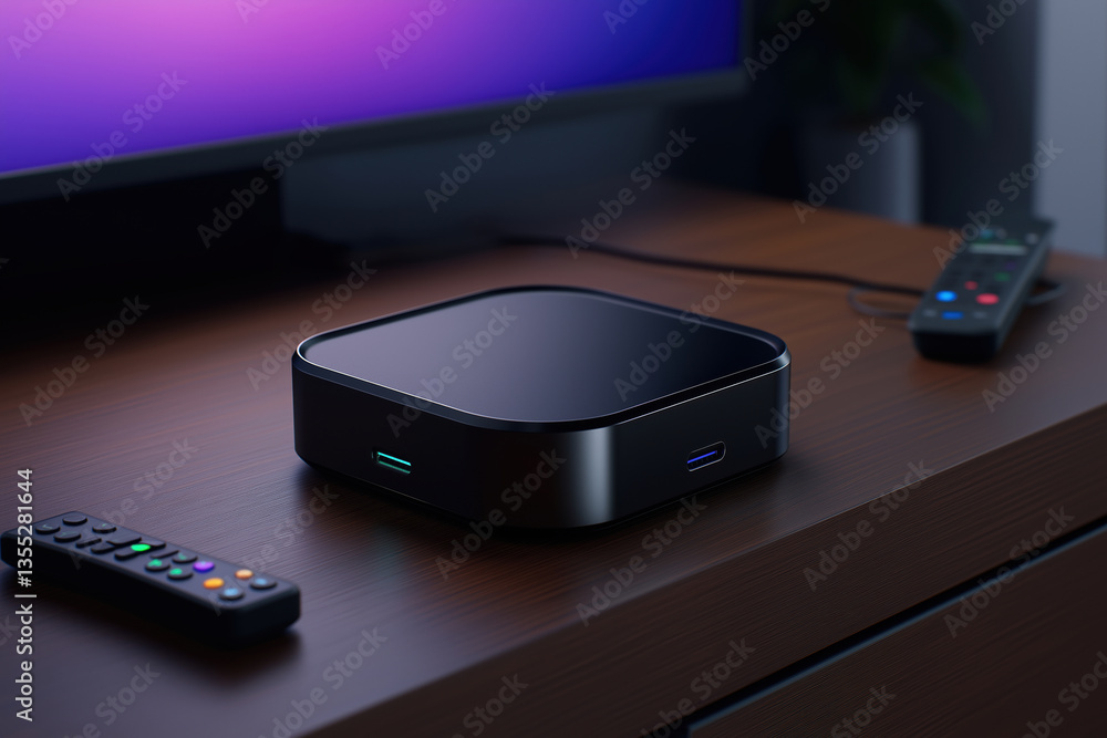 Poster smart media device on wooden table with remote control and vibrant screen in background