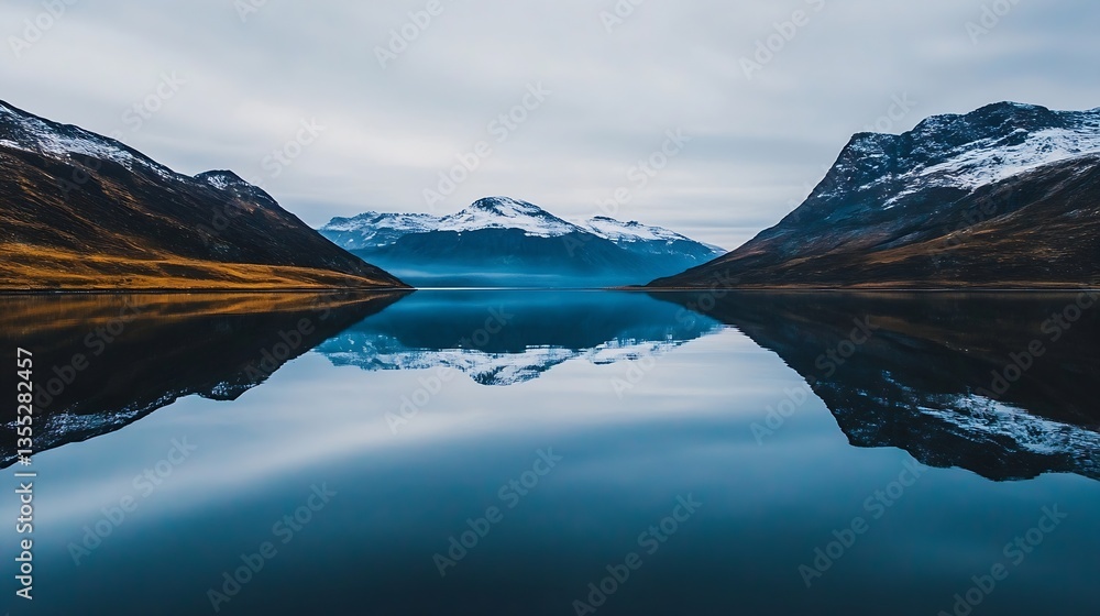 Aufkleber stunning view of a calm mountain lake reflecting majestic peaks under a cloudy sky : generative ai