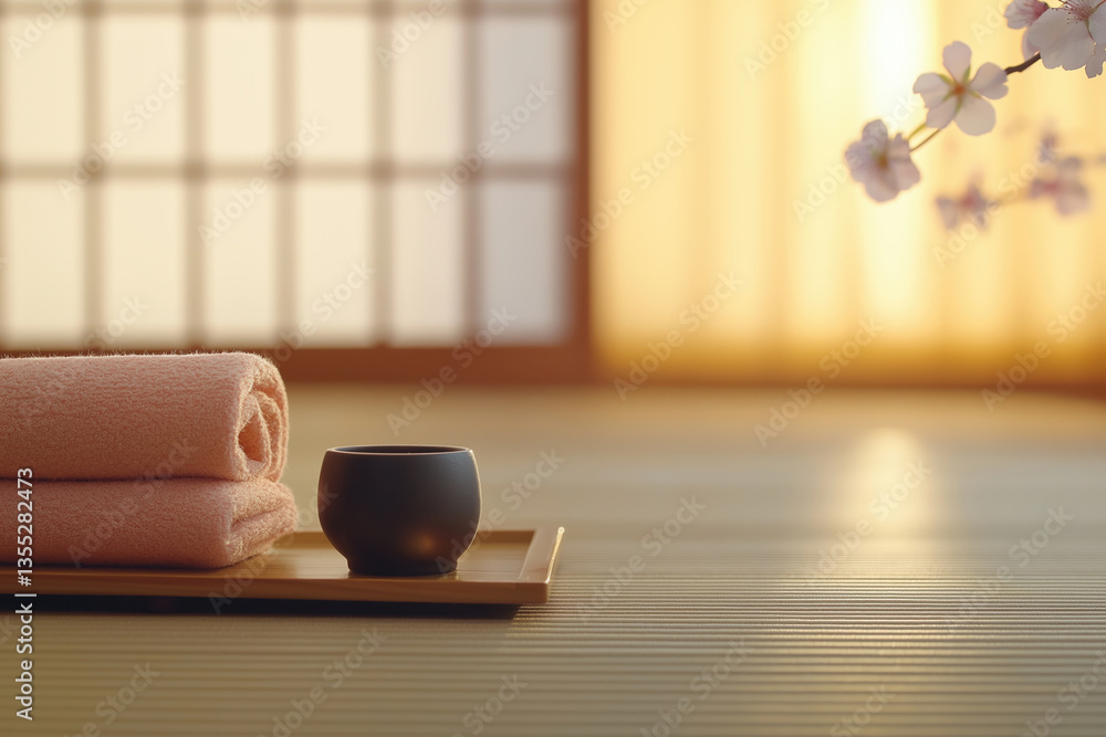 Poster relaxing spa setting with towels and a warm beverage by a window