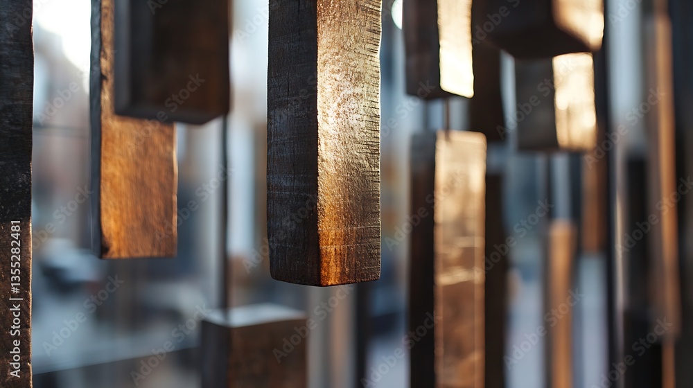 Poster stunning abstract art featuring golden metal blocks reflecting light in contemporary design space : 