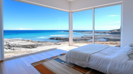 Fototapeta premium Scenic beach view from a modern bedroom with large glass windows in a coastal location