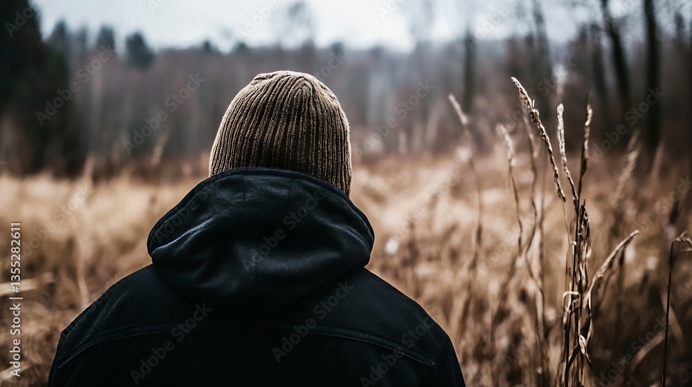 Poster a man wearing a knitted hat stands in a field surrounded by tall grasses looking into the distance :