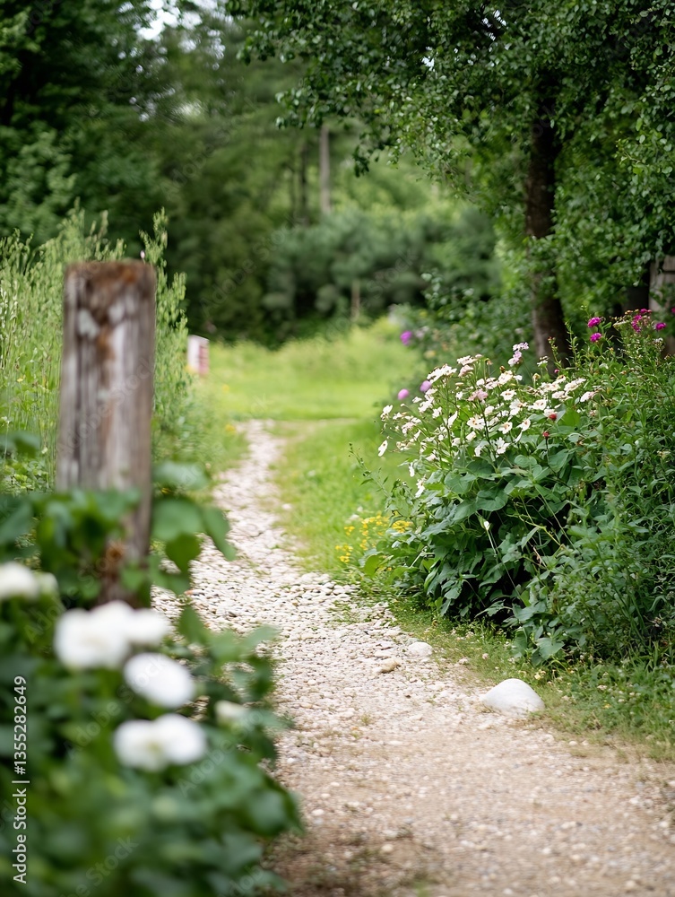 Poster lush green garden pathway during daytime with vibrant flowers inviting exploration and serenity : ge