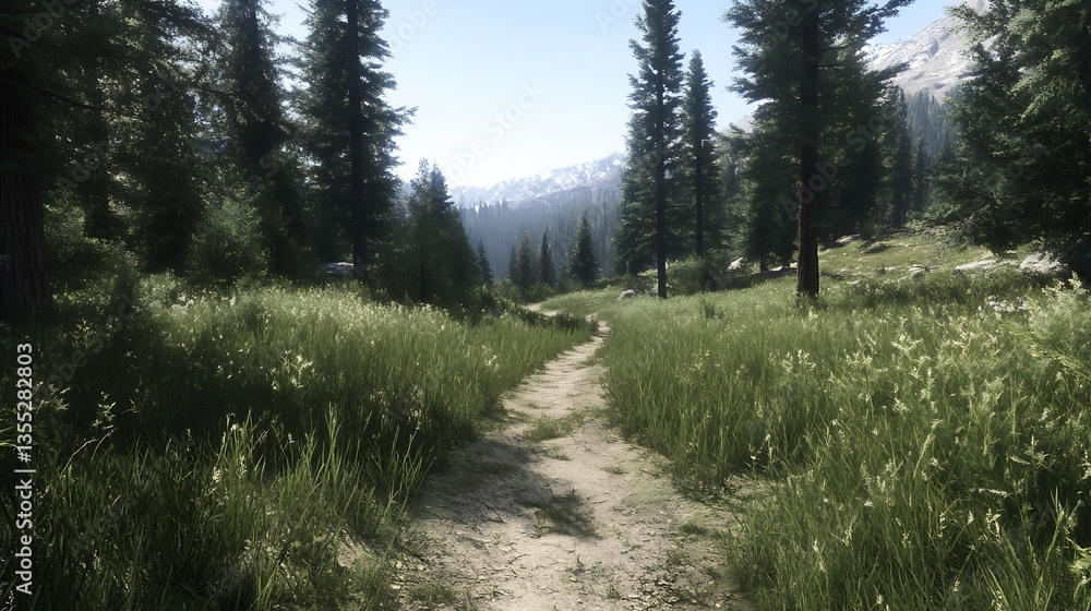 Poster Breathtaking nature trail winding through lush greenery and towering trees in a serene forest setting during a sunny day : Generative AI