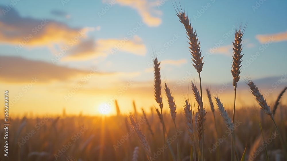 Poster golden wheat field at sunset with vibrant skies and a tranquil atmosphere : generative ai
