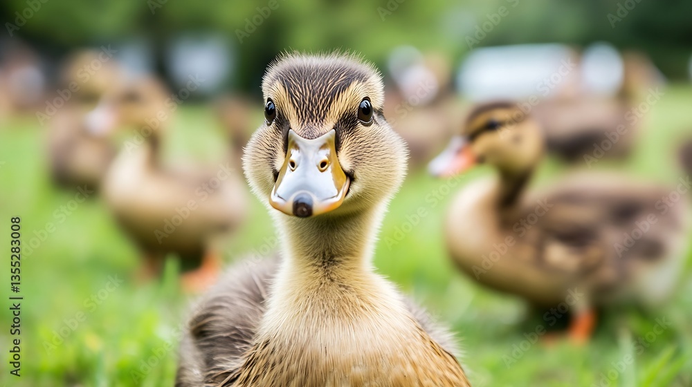Poster Charming closeup of a young duckling with a playful expression surrounded by fellow ducks in a park : Generative AI
