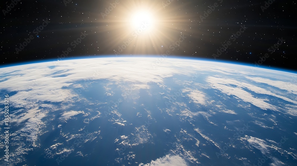Poster stunning view of earth from space with radiant sun shining above and clouds reflecting sunlight : ge