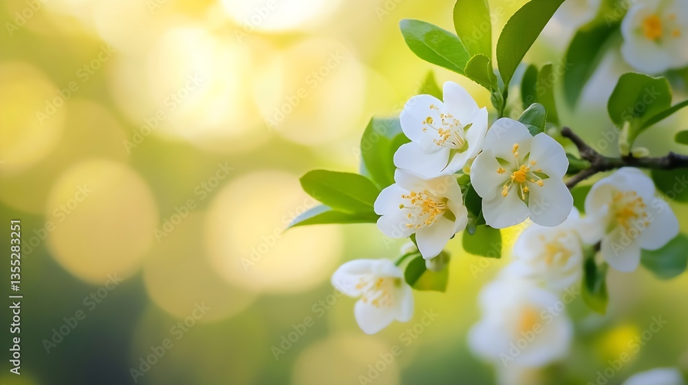 Aufkleber delicate white flowers blooming on a branch surrounded by a soft bokeh effect of green and warm yell