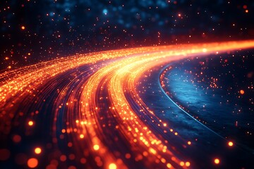 Obraz premium Abstract Orange Glowing Data Stream Lines on a Dark Blue Background with Bokeh Lights