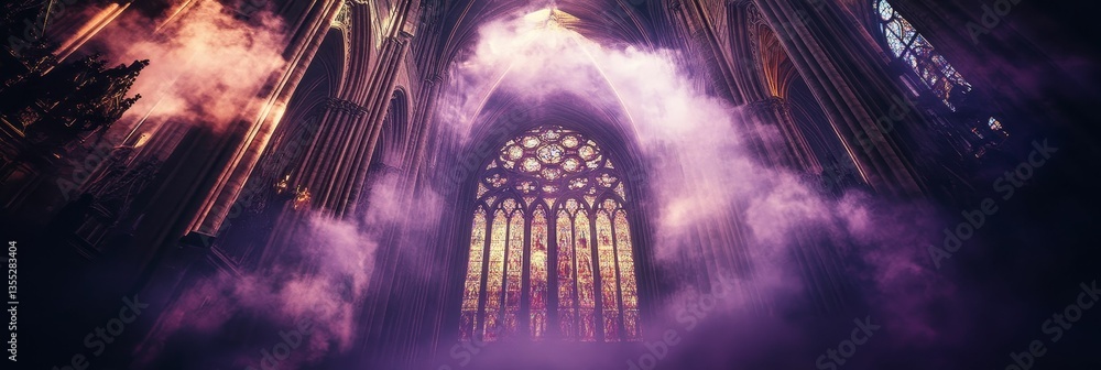 Poster light streams through stained-glass gothic architecture.