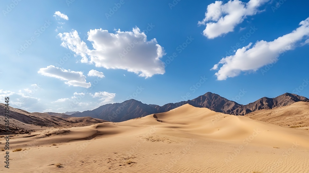 Aufkleber Expansive view of golden desert dunes under bright blue sky with fluffy clouds creating a serene landscape : Generative AI