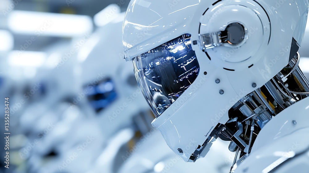 Poster Futuristic humanoid robots in white helmets and suits displayed in a tech showroom environment : Generative AI