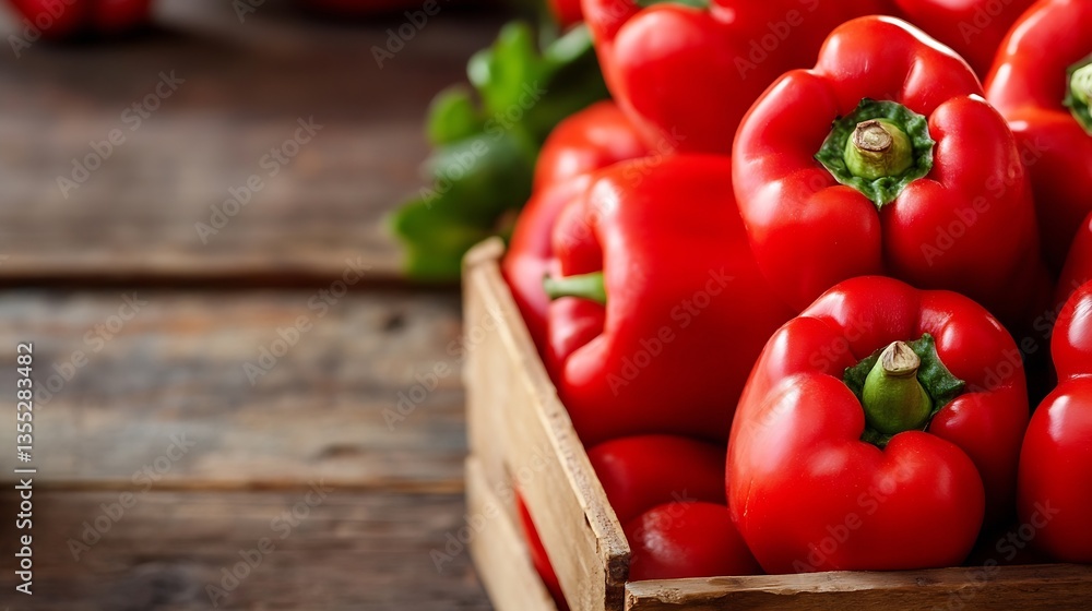 Aufkleber fresh and vibrant red bell peppers stacked in a wooden crate on a rustic table : generative ai