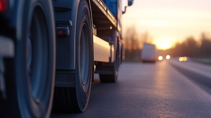 Low angle view of truck tires on a road during sunset showcasing transportation and travel : Generative AI