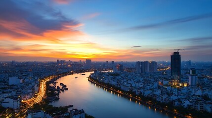 Fototapeta premium Beautiful Evening Skyline with Sunset Colors Over a Urban River : Generative AI