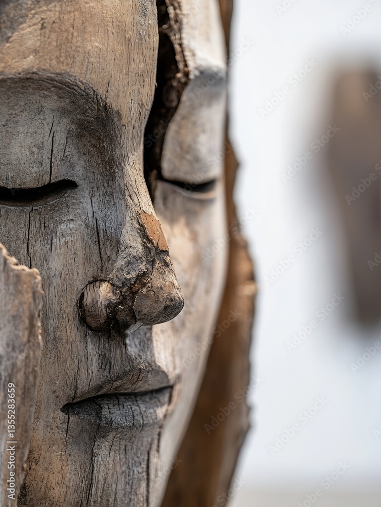 Poster intricate wooden sculpture of a serene face reflecting tranquility and artistic craftsmanship : gene