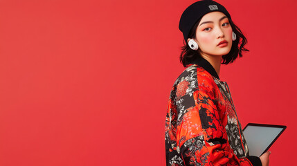 Modern lifestyle and innovation: fashionable model with headphones and tablet